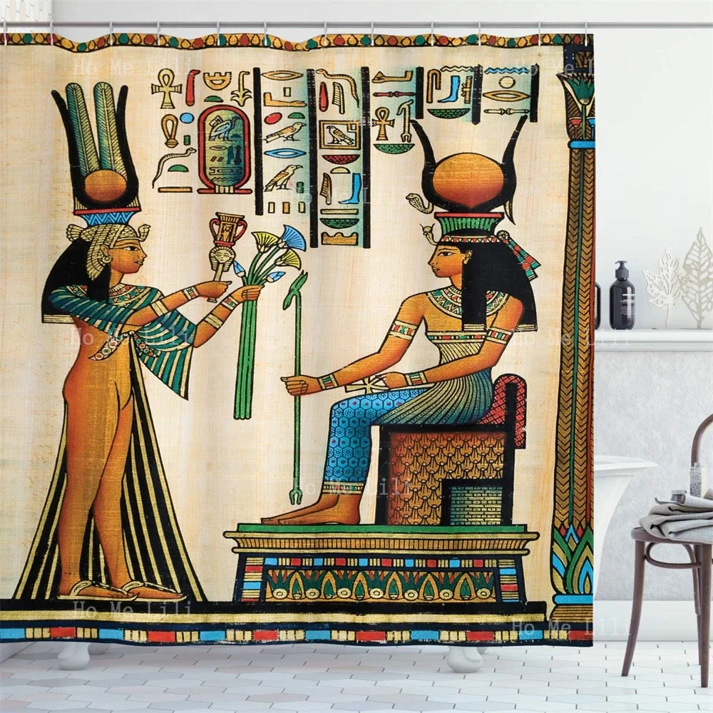 Ancient Egyptian Prints Depicting Old Papyrus Queen Nefetari Historical Imperial Art Bath Decorated With Waterproof Shower Curta