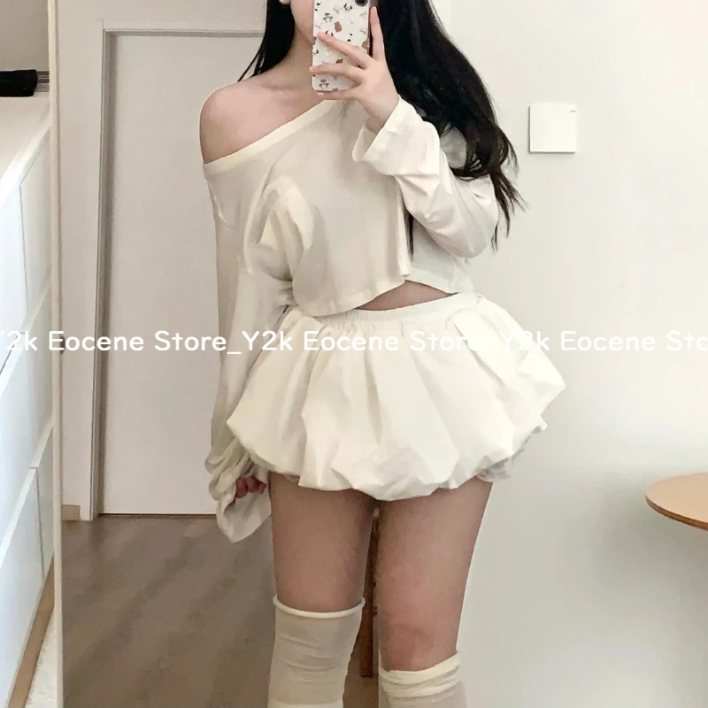Harajuku Off Shoulder Design Chic Suits Women Casual Y2k Tops +  A-line Mini Shorts Skirt Low Waist Spicy Girls Streetwear Set image 2