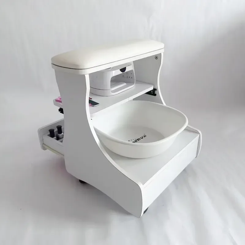 Multifunctional Nail Manicure Trolley with Arm Rest Cushion Drawer Storage Design Rolling Nail Table for Salon