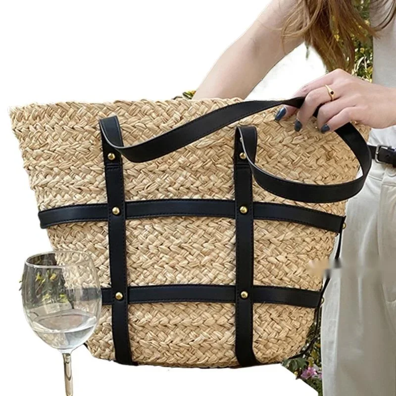 Advanced Sense Lafite Grass Hand Woven Bag One Shoulder Seaside Vacation Wind Beach Bag Large Capacity Traveling Bags For Ladies