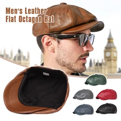 British Retro Men Leather Flat Octagonal Hat Spring Autumn Winter Leisure Beret Cap PU Newsboy Cap Brown Red Women Painter Beret