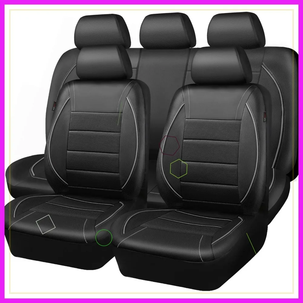 

Universal Leather Car Seat Cover for SUVs, Vans, Trucks - Airbag Compatible, Easy Install (Full Set, Black/Grey)