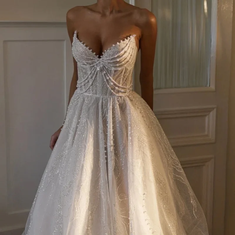 تخصيص العاج الكرة بثوب فساتين الزفاف الملكي الترتر زين ذيل طويل الترتر صنع رداء دي