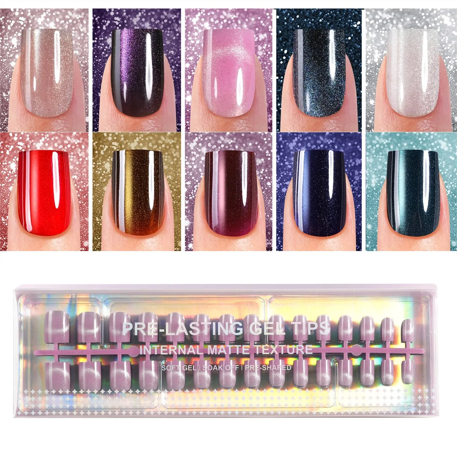 

300Pcs Cat Eye Press on Nails, XS Short Square Glossy Glitter Soft Gel Fake Nails for Women and Girls, Stick On Nails in 15