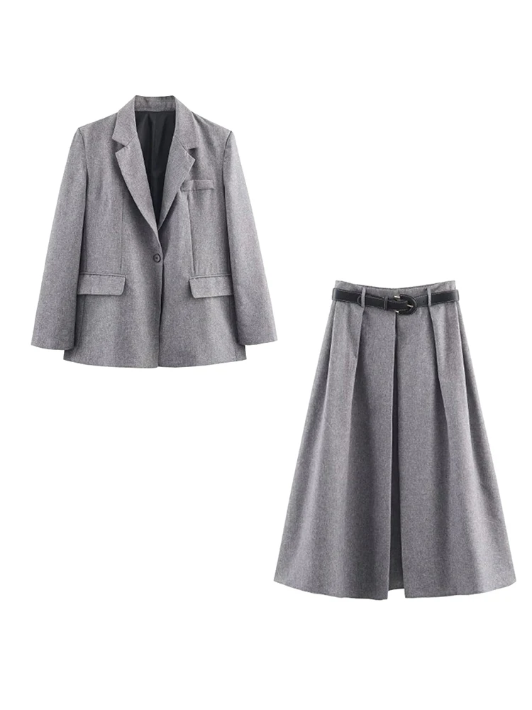 Nueva moda para mujer, faldas por debajo de la rodilla con cinturón y arrugas, conjuntos de dos piezas, traje elegante a la moda, chaqueta, trajes de otoño para mujer