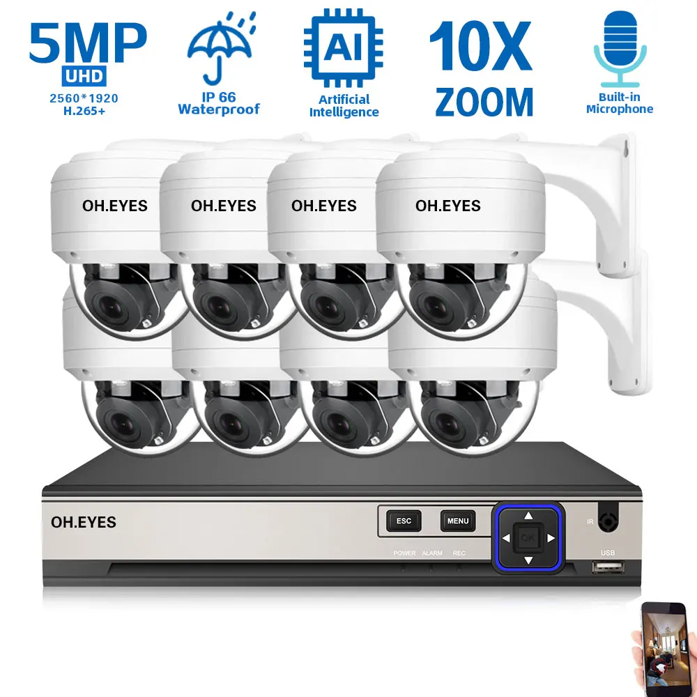 5MP POE PTZ Security Camera Kit 8CH 4K NVR System 10X Zoom CCTV Monitoring Cam Set 4CH POE IP dome camera video Surveillance Kit