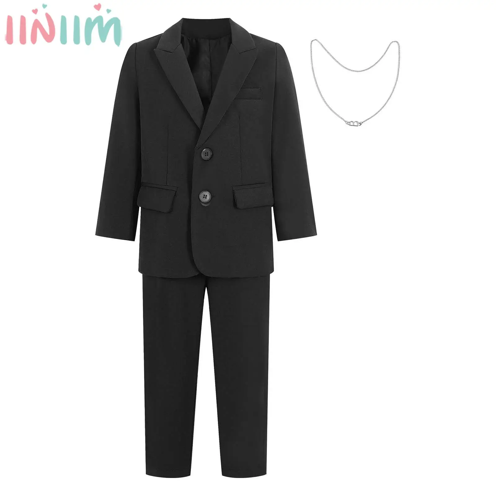 Children Boys Casual Gentlemen Suit Wedding Birthday Party Evening Outfits Long Sleeve Lapel Blazer with Pants Metal Necklace