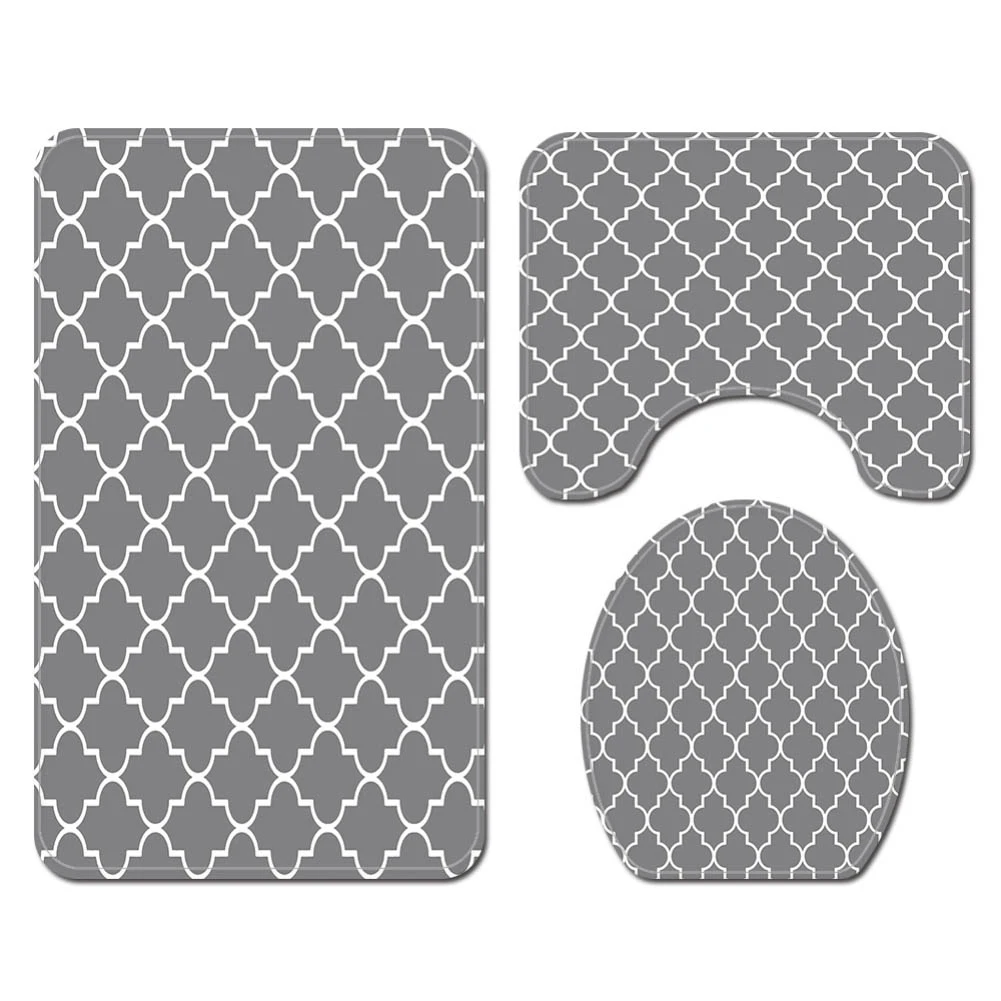 Memory Foam Bath Mat Set 3 Piece with Toilet Lid Cover and Rug Set Combo Toilet Floor Rug Light Grey Geometry