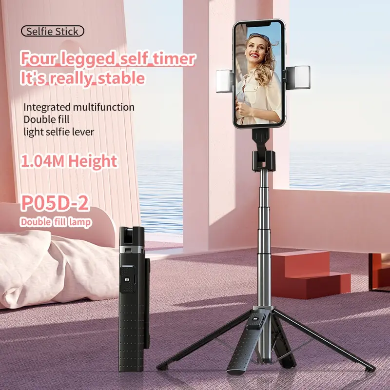 P04D-2 Bluetooth Selfie Stick Tripod Phone Bracket Reinforced Tetrapod Bluetooth Selfie Double Fill Light for Xiaomi Huawei IOS
