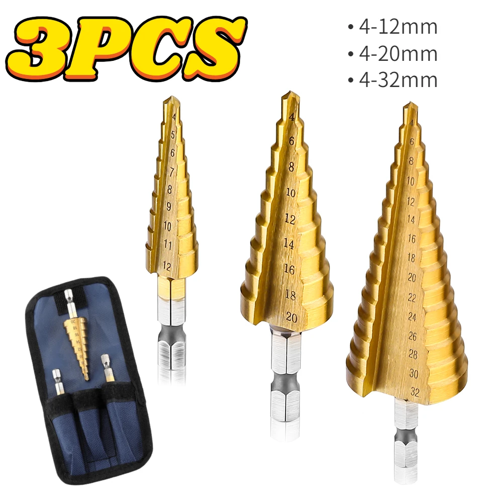 

4-12/4-20/4-32mm Step Drill Titanium Plated Hexagonal Shank Straight Groove Pagoda Drill Drilling Tool Accessory Set Tool