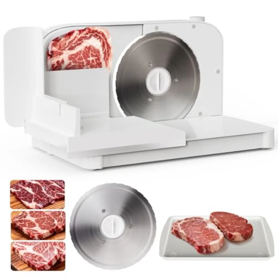 

Складная электрическая мясорезка 150 Вт с 6,7-дюймовым съемным лезвием из нержавеющей стали для домашнего использования, регулируемая толщина нарезки 0-15 мм, двойная нарезка