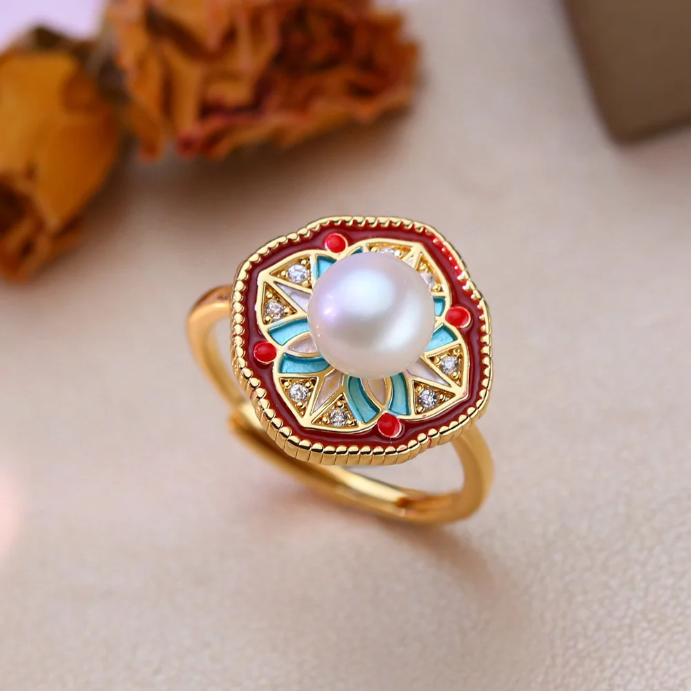 Natural Freshwater Pearl Ring Ethinc Red Flower Cultured White Cubic Zirconia Pearl Ring For Women