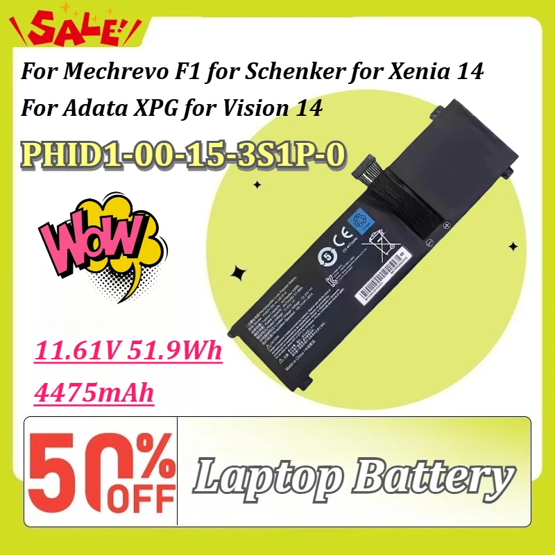 Batería para Portátil PHID1-00-15-3S1P-0 11.61V 51.9Wh 4475mAh para Mechrevo F1, Schenker, Xenia 14, Adata XPG, Vision 14