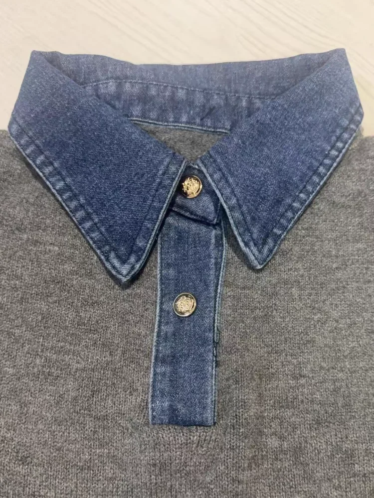 Versátil y elegante Denim Patchwork Top solapa suelta desplazamientos Casual Chic Polo camisa suéter de punto 2025 otoño ropa de mujer