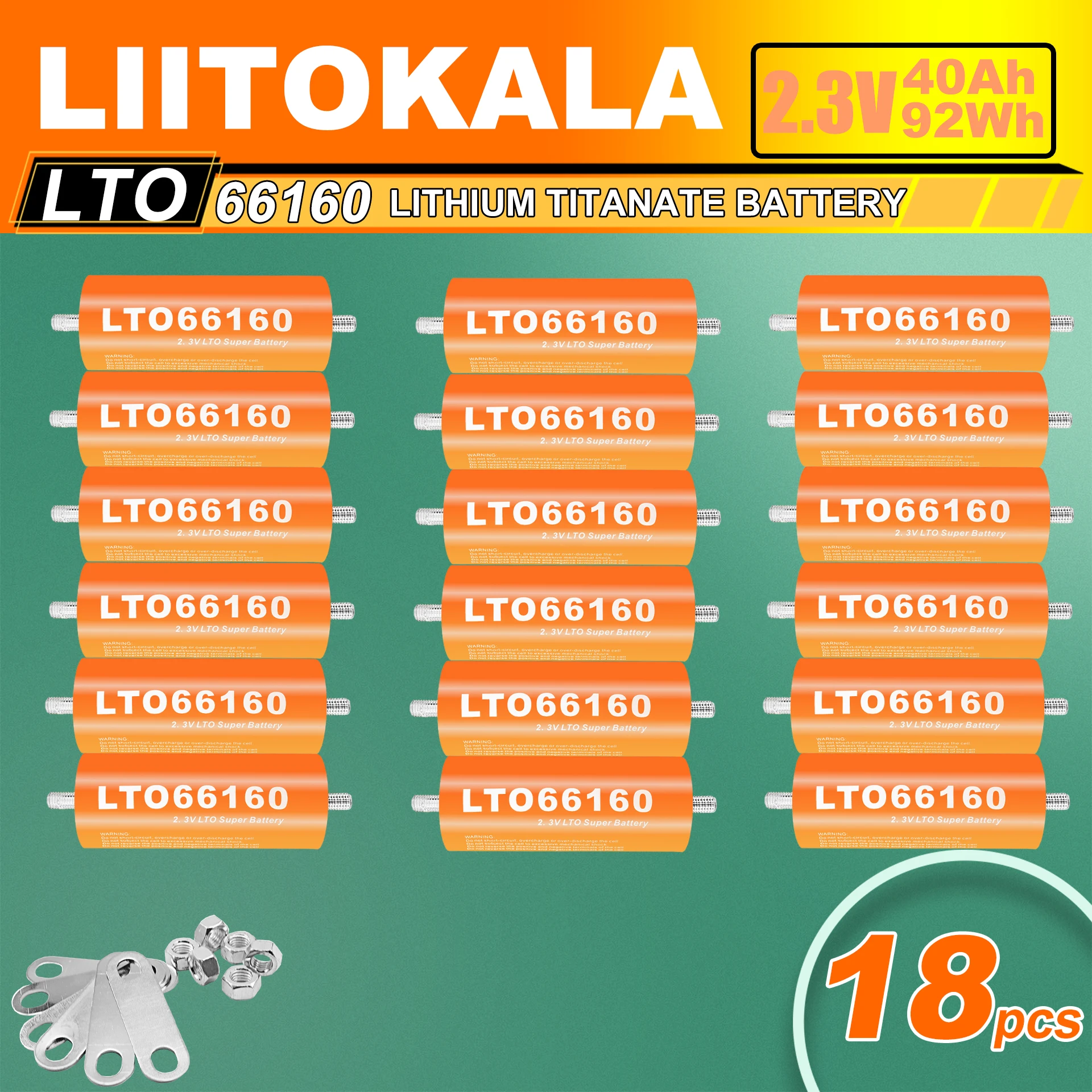 18pcs LiitoKala 66160 2.3V 40Ah LTO lithium titanate battery 10C discharge DIY 12V 24V 36V 48V car audio SOLAR SYSTEM