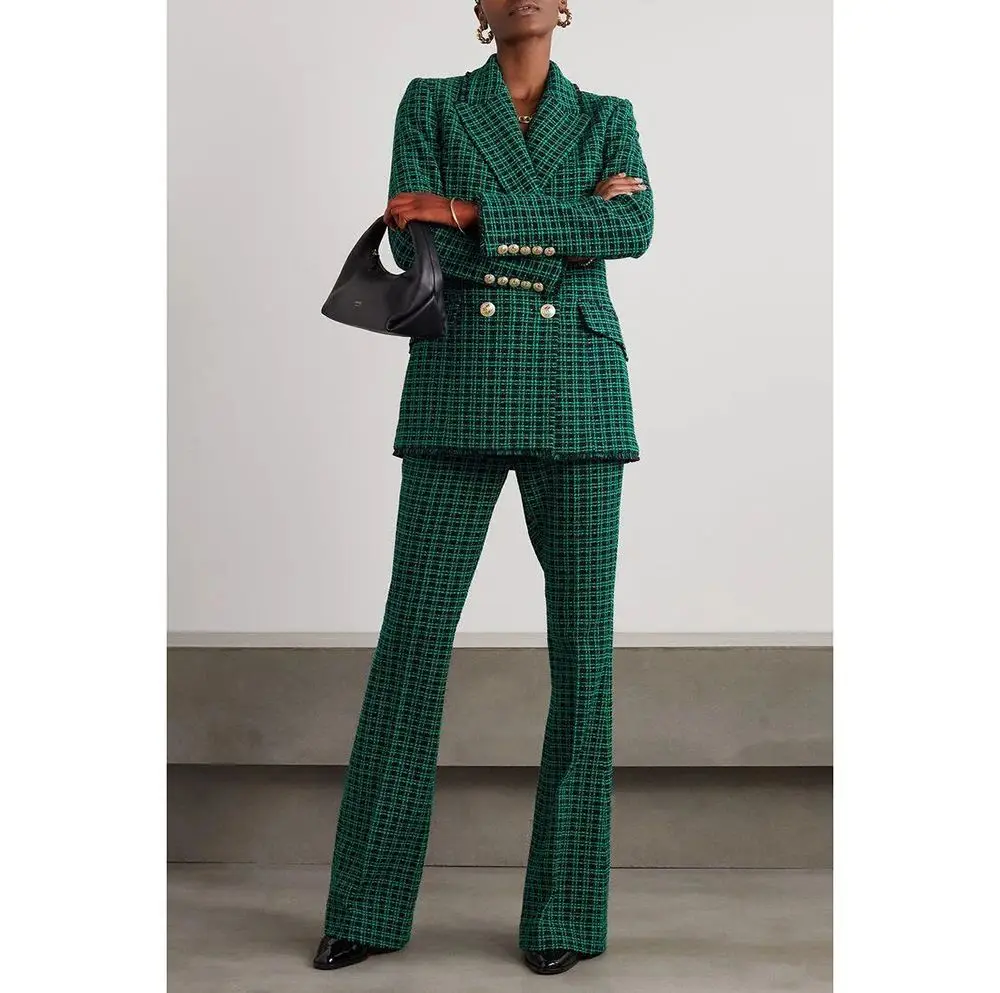 Luxury Green Checkered Double Breasted Button Women Suit Custom Made Long Sleeve Evening Fashion Wear 2 Pieces