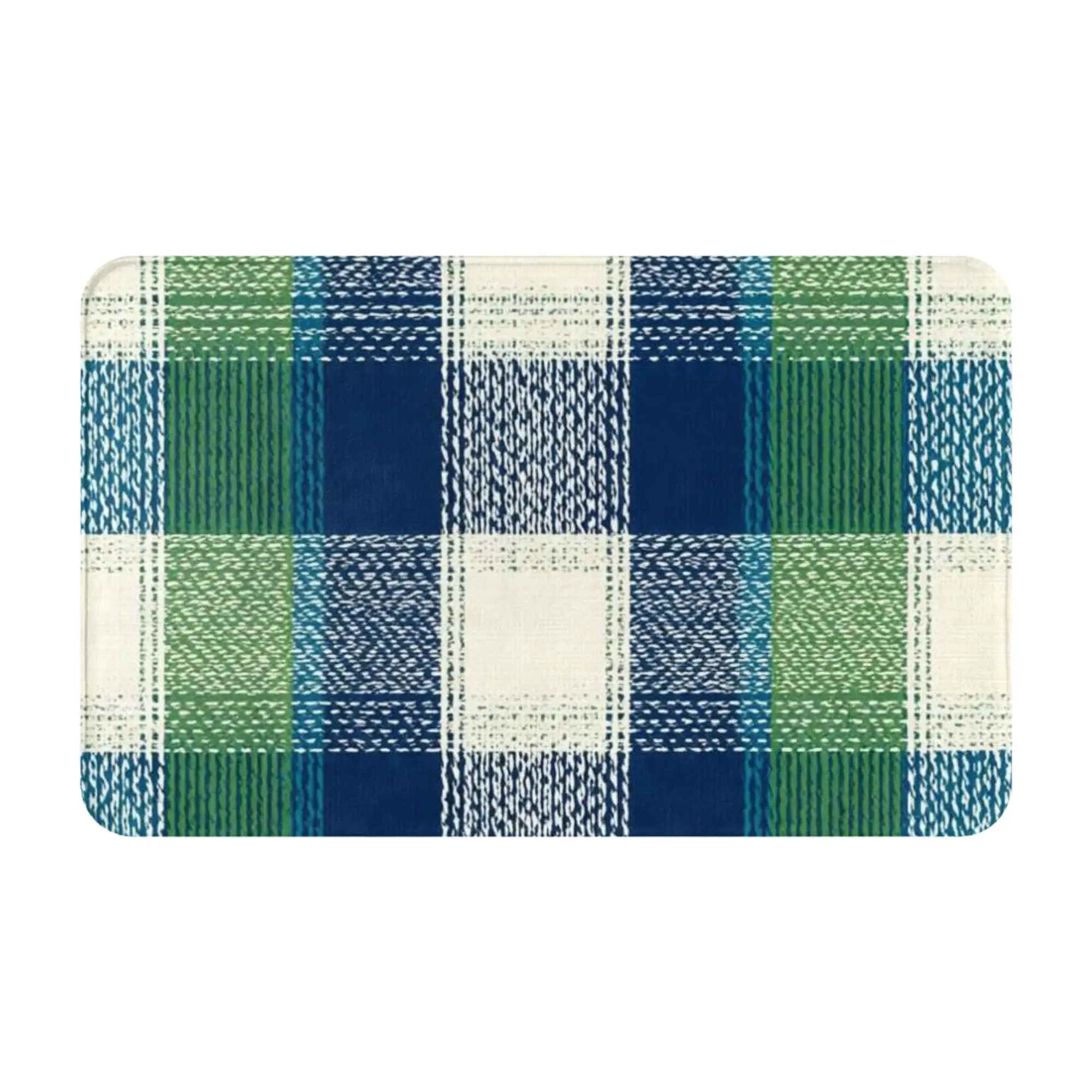 Blue Green White Tartan Plaid Texture Anti-Slip Doormat Kitchen Mat  Welcome Indoor Home Decor