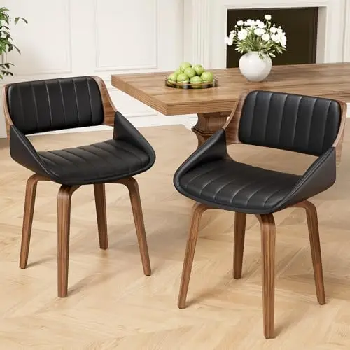 360° Swivel Dining Chairs Set of 2 for Dining Room, Kitchen, Cafe, Black | Mid Century Modern Kitchen Chair with Walnut