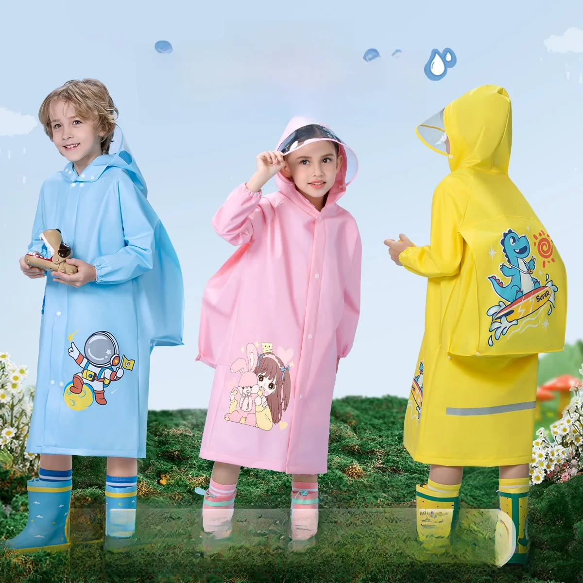 

Children's Raincoat Waterproof School Bag Position Boys Girls Full Body Raincoat for Schooling Kids Polyester Material