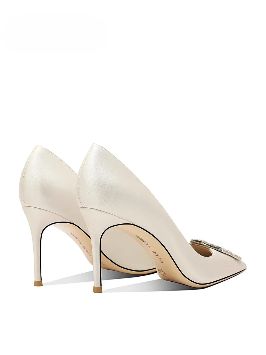 2025 Spring and Autumn New Women's Pointed Fine Heels White Satin Shallow Mouth Fashion Bridal Dress High Heels Shoe