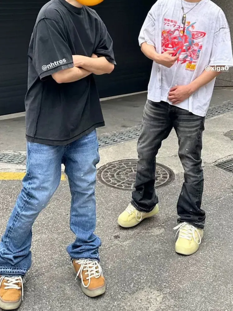 

American High Street Style Men's Jeans Retro Washed Outfit Casual Loose Fit Winter Wear Durable Fabric Printed Design