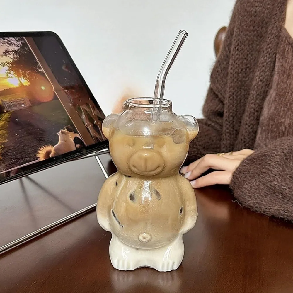 320ML Cute Bear Shaped Coffee Mug Cartoon Bear GlassCup With Straw TransparentCup Birthday Christmas Gift for Women Kids Friends