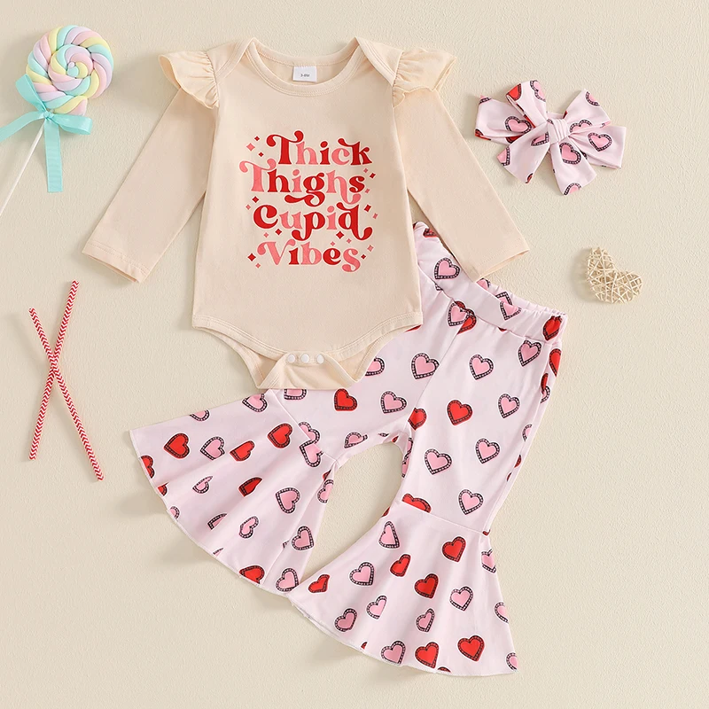 Baby Girls Fall Outfit Long Sleeve Letters Print Romper with Heart Flare Pants and Headband Valentines Day Clothes