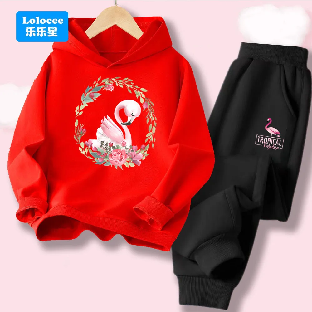 2-teiliges Mädchen-Kapuzenpullover-Set, Kapuzenpullover mit Kapuzenpullover und Hose mit floralem Schwanen-Print und Flamingo-Design, lässiges Kinder-Outfit HLN2