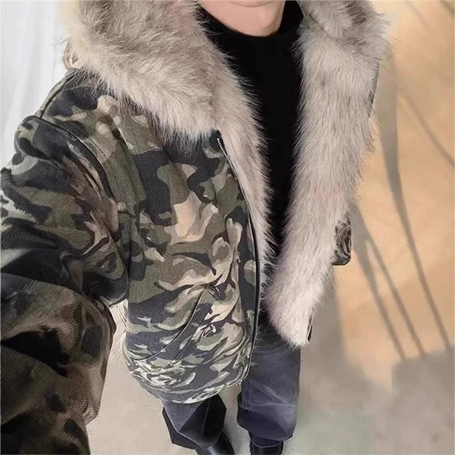 Camo Faux Fur Polyester Hooded Jacket Men Winter Warm Coat Vintage Loose Drawstring Thick Padded Streetwear Windproof Outerwear