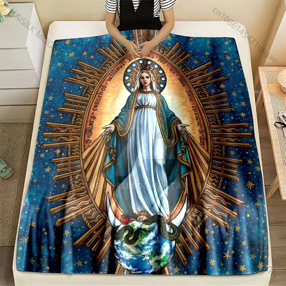 1PC Holy Mary with halo artwork Print Blanket Warm Soft Fluffy Kids and Adult Sofa Bed Throw Blanket Outdoor Travel Camping RV