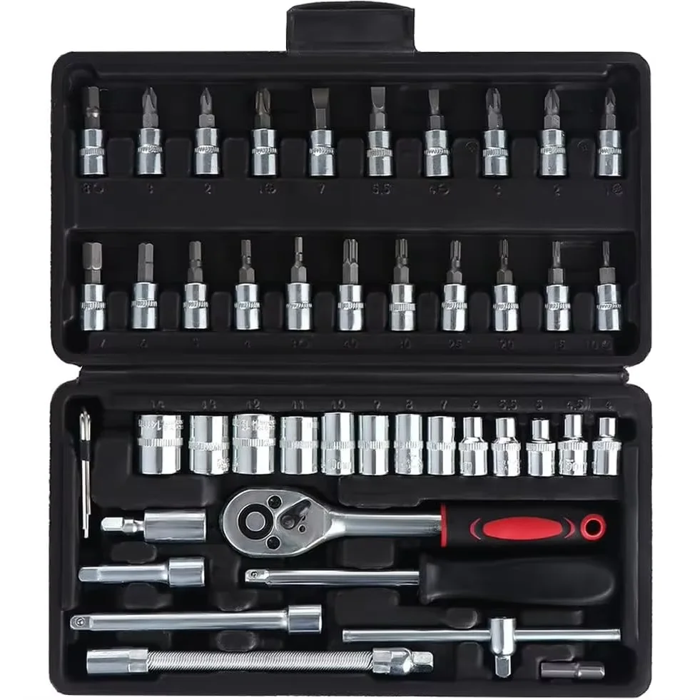 46 Pieces 1/4 inch Drive Socket Ratchet Wrench Set, with Bit Socket Set Metric and Extension Bar for For Car Repair, Bicycle