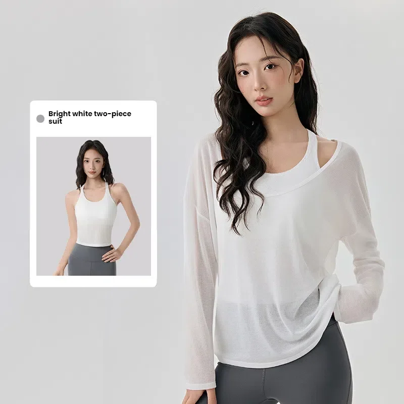 

Women's Yoga Two-piece Suit Breathable Long-sleeve Cover-up Tops Sports Vest with a chest pad for pilates Woman clothes