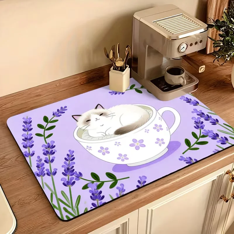 Cute Ragdoll Cat Lavender Print Dish Drying Mat Sweet Coffee Maker Pad Kitchen Countertop Protector for Mugs Tableware
