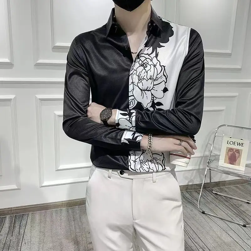 

2024 Spring and Autumn New Arrivals Internet Celebrity Men's Turn-down Collar Long Sleeve Slim Fashion All-match Flower Shirts