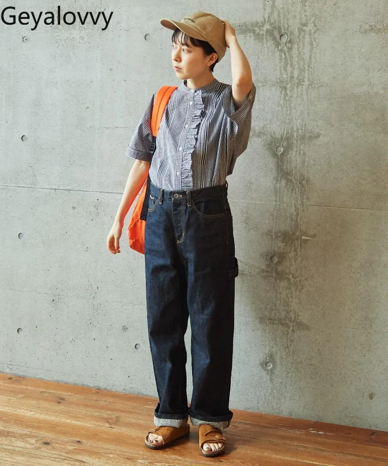 Camicia a maniche corte monopetto monopetto in puro cotone nuovo estivo Dolce ragazza Versatile girocollo scozzese a maniche corte Top