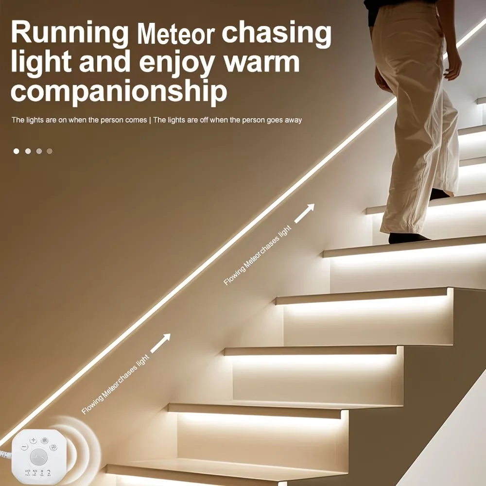 1- 5m Led Motion Sensor Light Strip, with Human Motion Sensor Switch, Neon Light Chasing Effect, Flexible Strip with USB Interface, 3000K/6000K Optional, Light Strip with Flowing Meteor Effect, Running Lights with USB Interface, Suitable for Stair Chase Lights, Corridor Flowing Lights, Balcony, Indoor/Outdoor Use, Modern Lighting Design | Flexible Neon Light Flexible Strip | Stairs