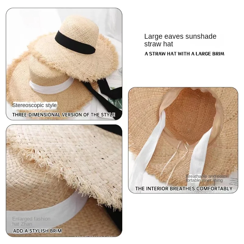 Fashion Handmade 100%natural Raffia Dame Top Big Brim Straw Hat Beach Girl Holiday Panama Sunscreen Breathable Sun Hat Wholesale