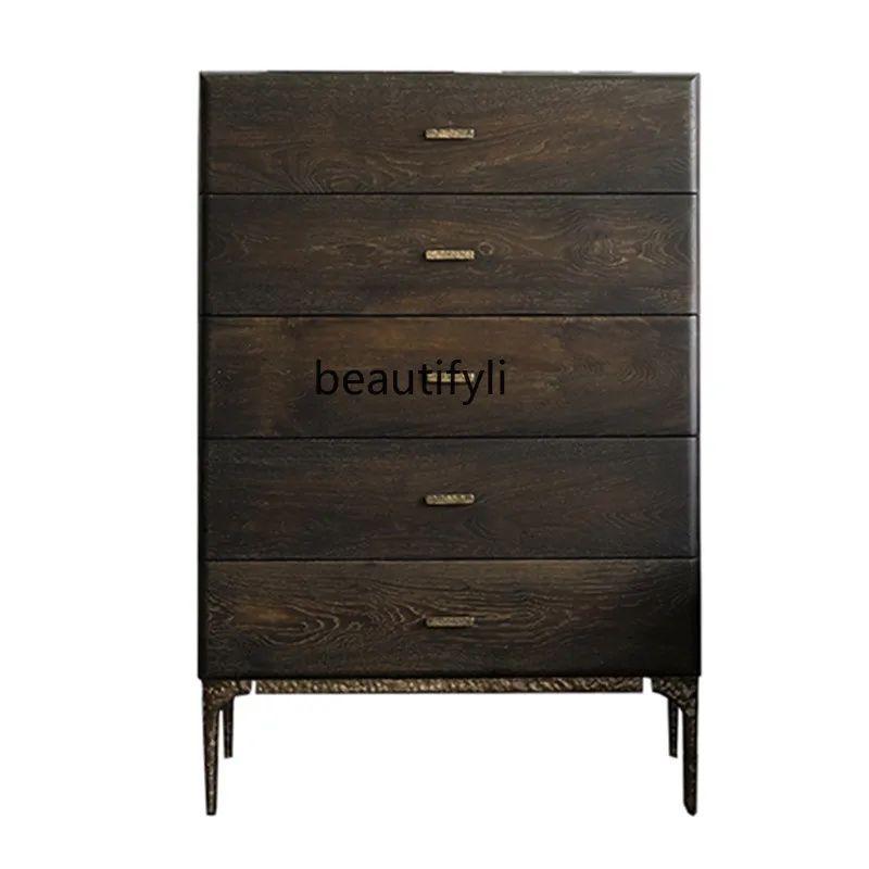 American Country Chest of Drawers Nordic Style Cast Iron Solid Wood Furniture Antique Oak Side Cabinet Clothes Closet