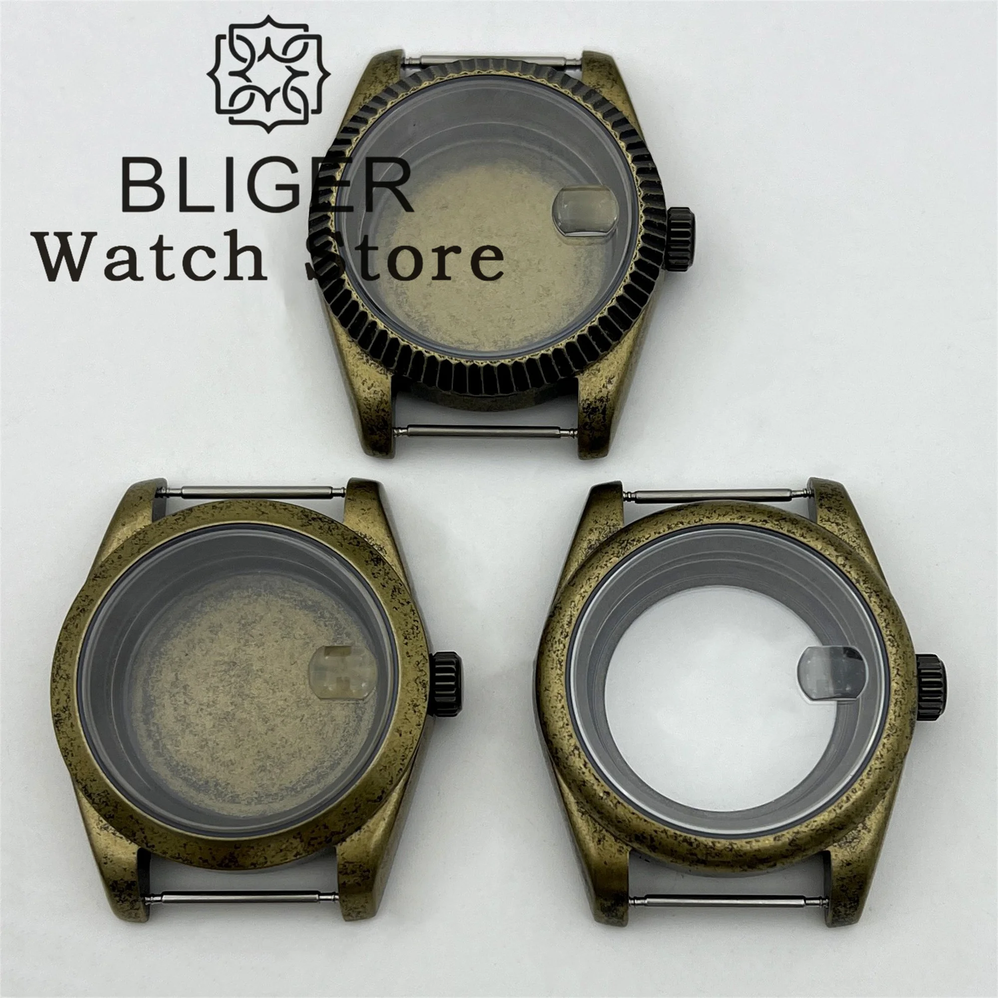 

BLIGER 39mm Bronze Brushed Watch Case Slope Round Fluetd Bezel Sapphire Glass Fit NH34 35 36 ETA2824 PT5000 Movement Screw Crown