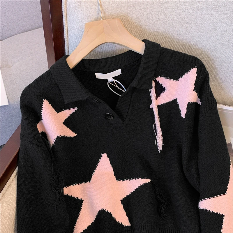 Женский черный вязаный пуловер в готическом стиле, укороченный свитер Harajuku Y2k, свитера с длинными рукавами и круглым вырезом со звездным узором, винтажная эмо-одежда 2000-х годов