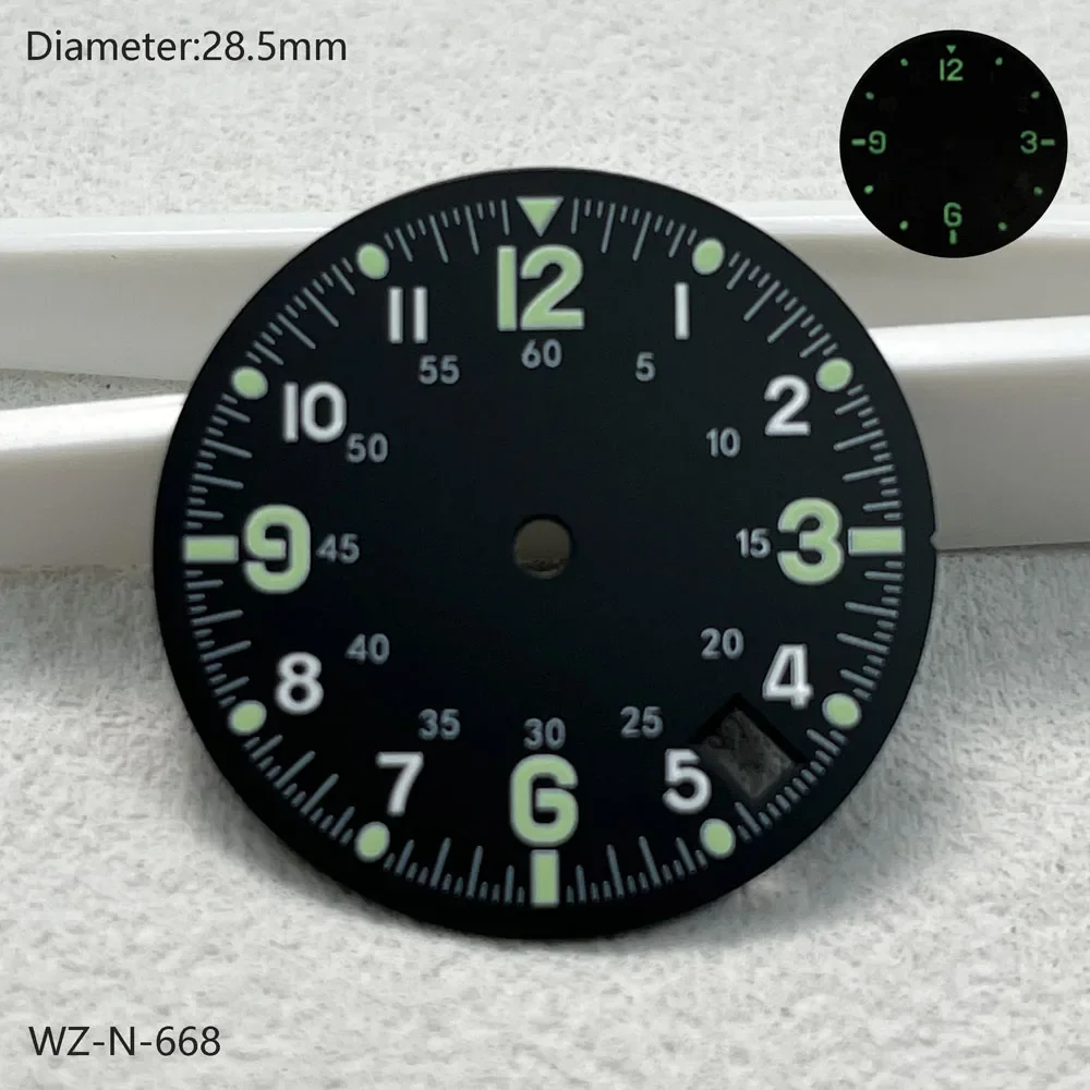 28.5mm NH35 ダイヤル発光アラビア数字ダイヤル、4 時位置に日付付き、NH35 自動巻きムーブメント watchmods はロゴをカスタマイズできます