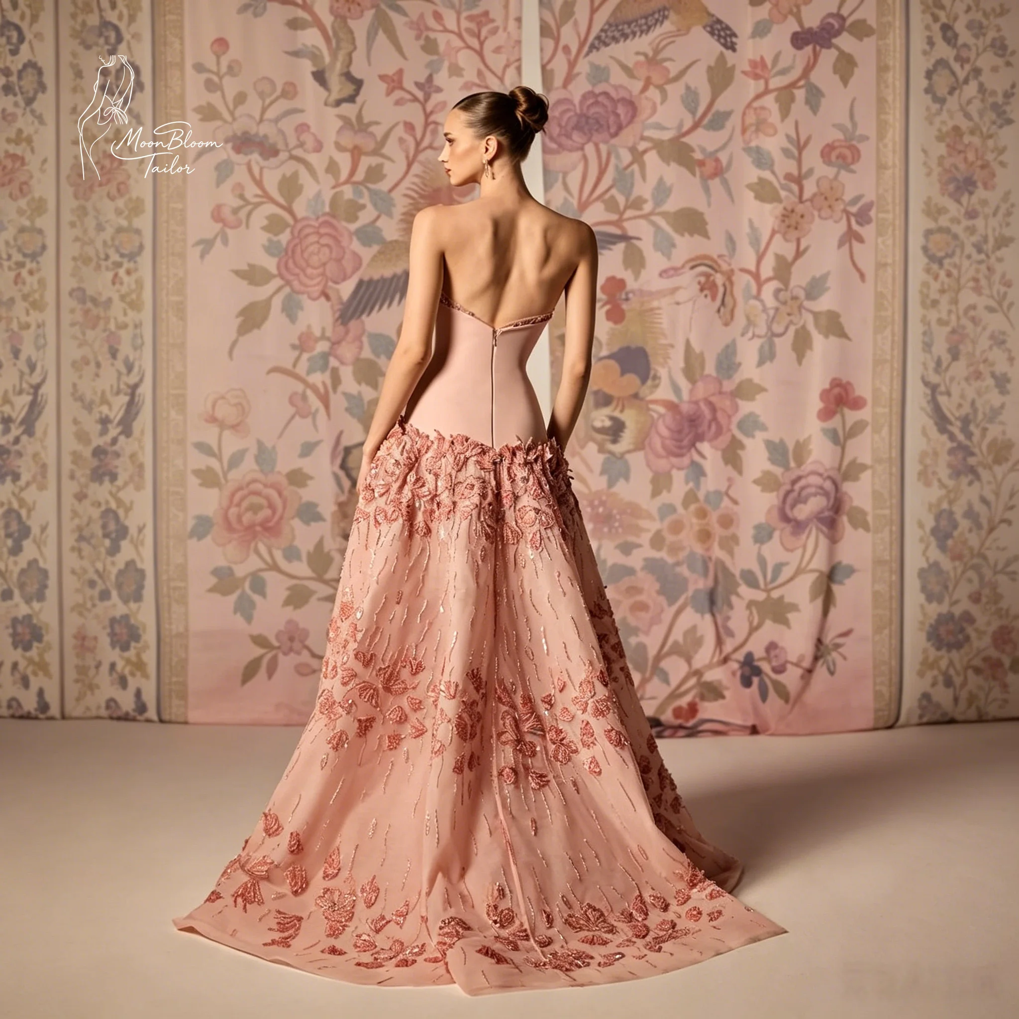 MoonBloom Tailor Blush Pink Strapless Floral Embroidered Satin Ball Gown | Custom Evening/Prom/Wedding Guest Dress image 3