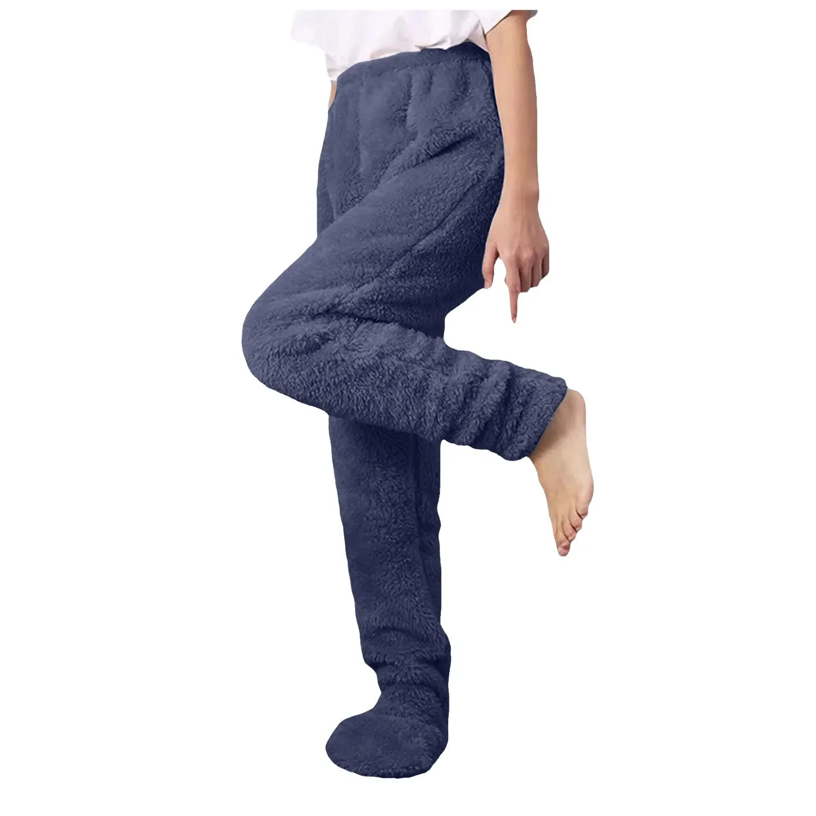 Women's Winter Fleece-Lined Pyjama Bottoms Loose Sweatpants Elastic Waist Casual Socks Covered Ladies Comfortable Straight Leg