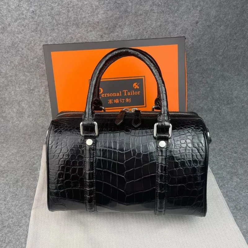 Genuine Alligator Skin Classic Black Women's Boston Purse Lady Handbag Authentic Crocodile Leather Female Single Shoulder Bag