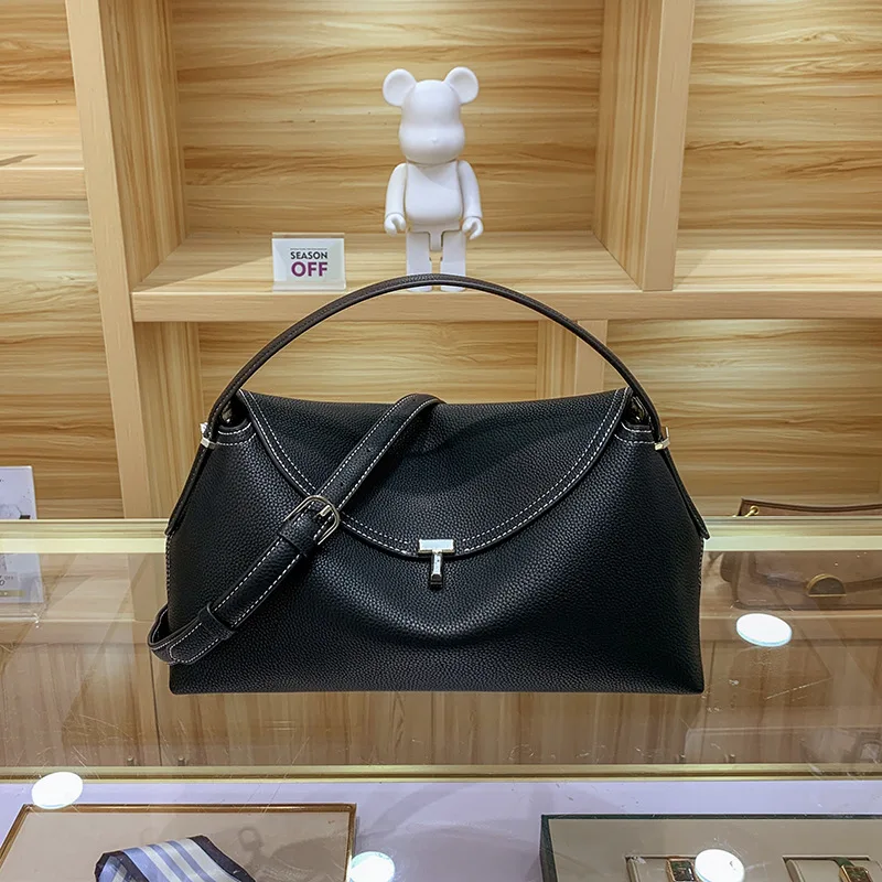 Luxury Design Brand Women\'s Skin Tout Bag 100% Genuine Leather Shoulder T Metal Lock Buckle Pebbled First Layer Cowhide Handbag