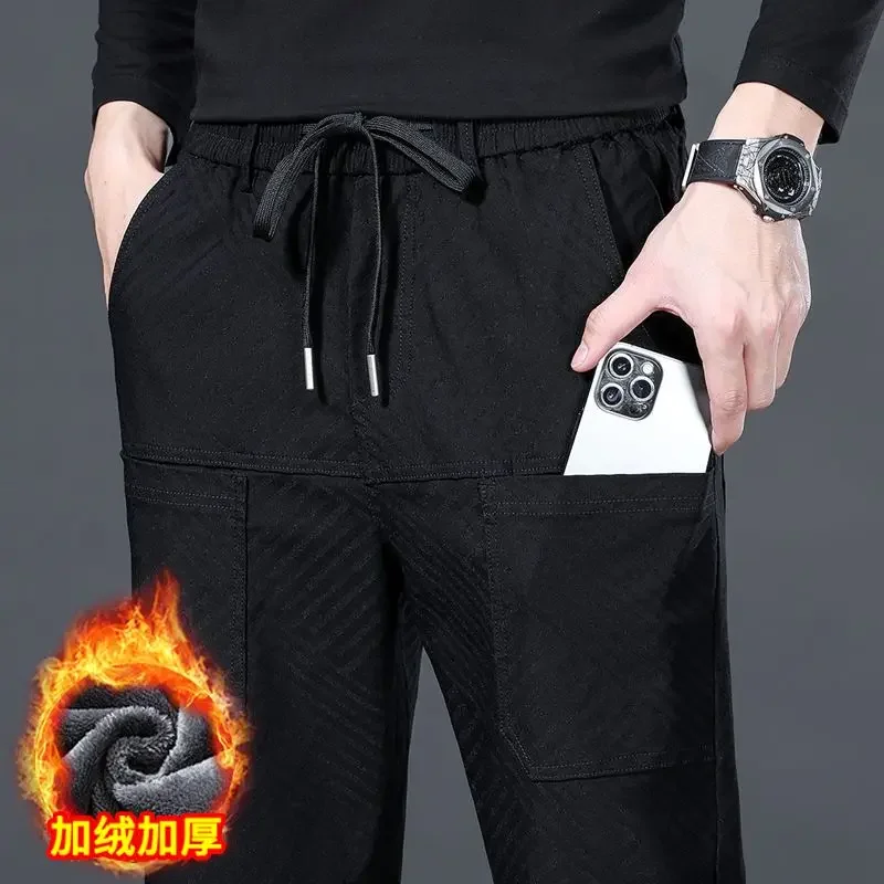 Fleece Jeans Men Sweatpants Cargo Pants Elastic Warm Luxury Brand Hip Hop Vintage Trouser Designer Men Clothing Winter New
