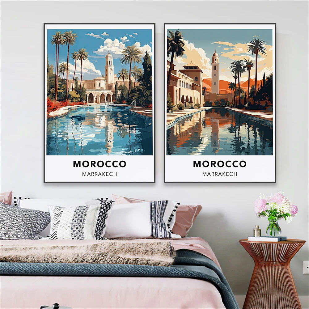 Morocco poster Marrakech Travel Print Landscape Cartoon Canvas Painting Morocco Travel Wall Art Home Office Reading Room Decor