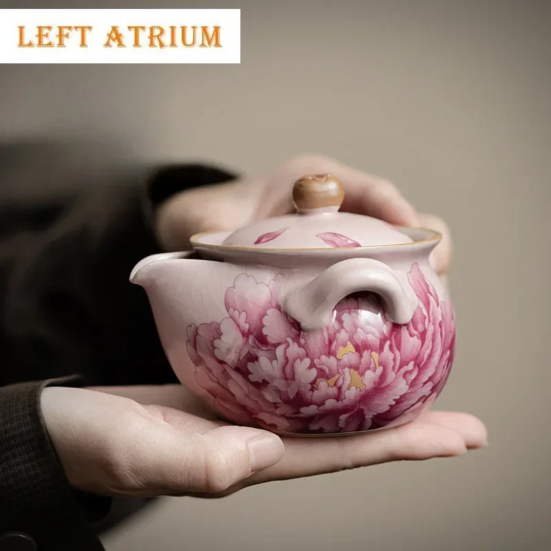 

200ml Handmade Pink Ru Kiln Porcelain Teapot Antique Peony Anti Scald Pot Tea Brewing Kettle With Strainer Teaset Supplies Gift