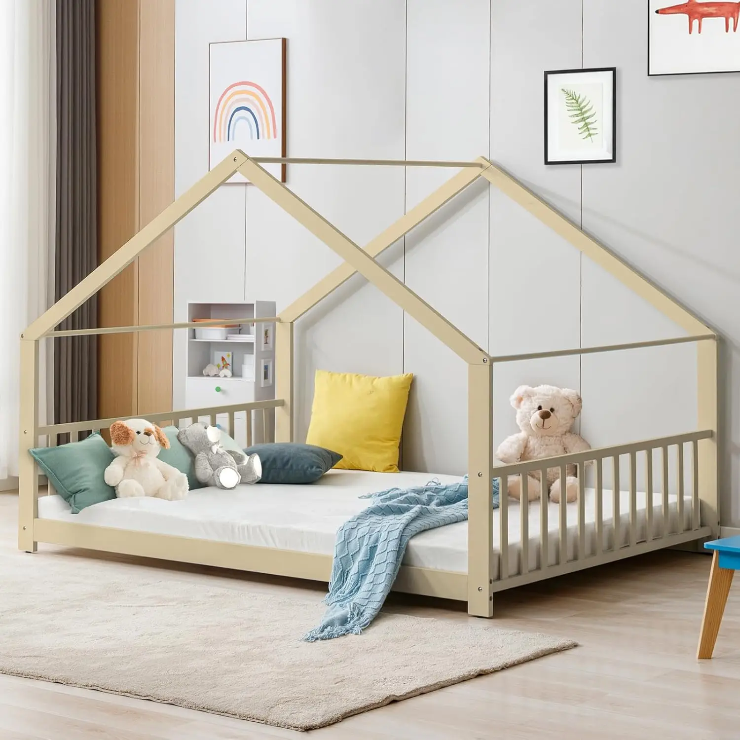 

Full Size Montessori Floor Bed, Wooden House Bed Frame With Roof, Kids House Bed For Boys Girls-Natural