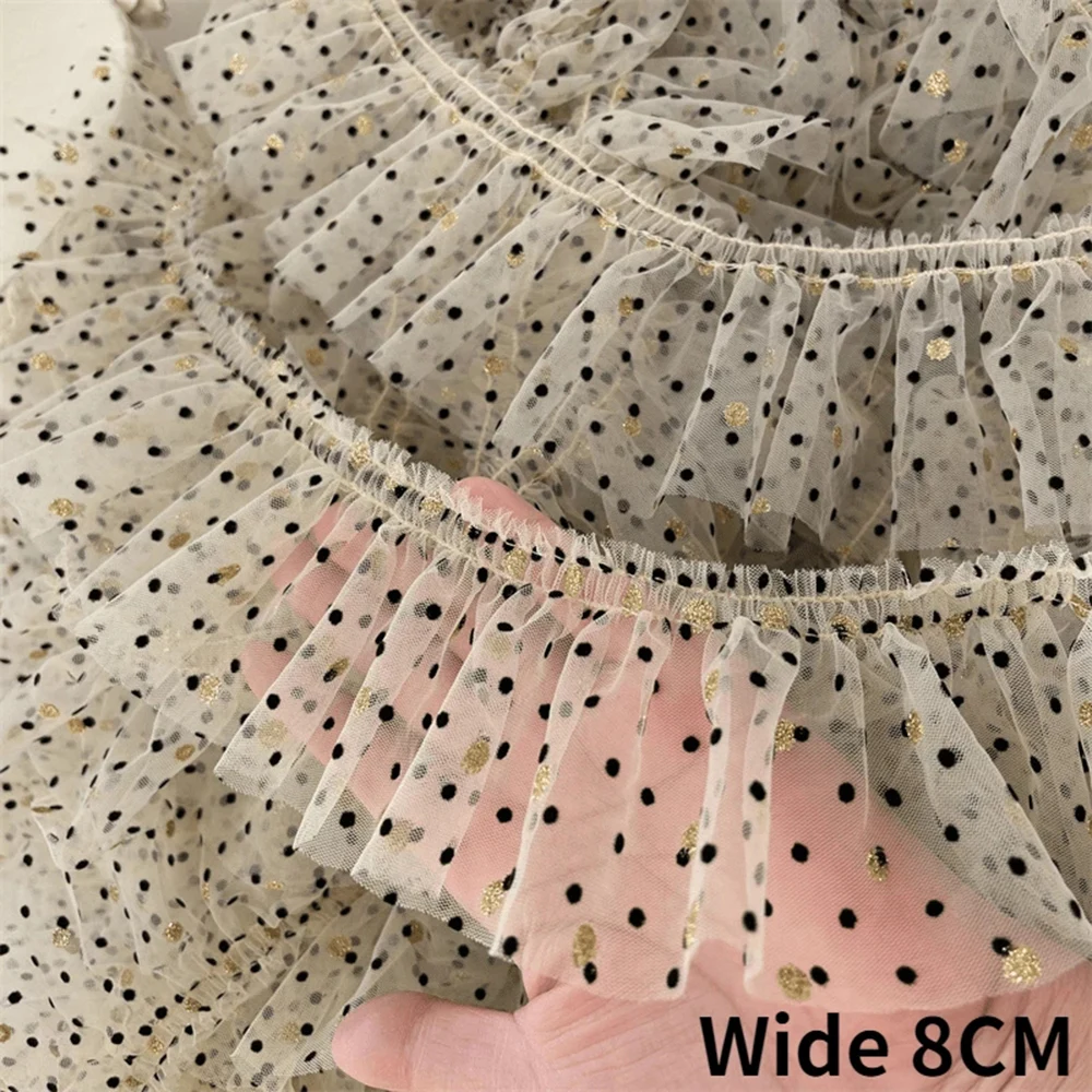 8cm Wide Beige Mesh Tulle Fabric Ribbon Frills Golden Black Polka Dots Needlework Lace Fringe Ruffles Trim For Doll Dress Decor